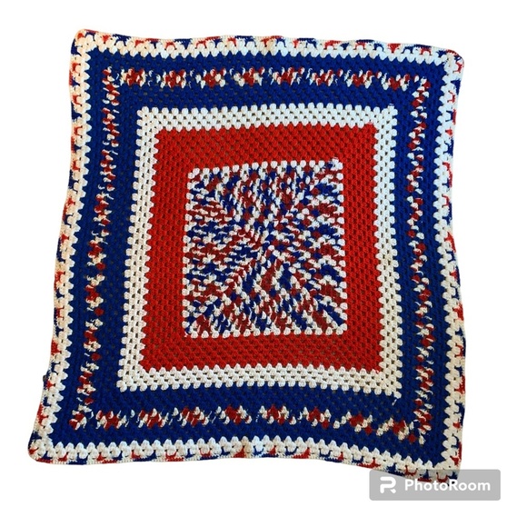 Vintage Afghan Crocheted Blanket Handmade Red Blue Throw 48" x 48" Patriotic USA - Picture 3 of 6